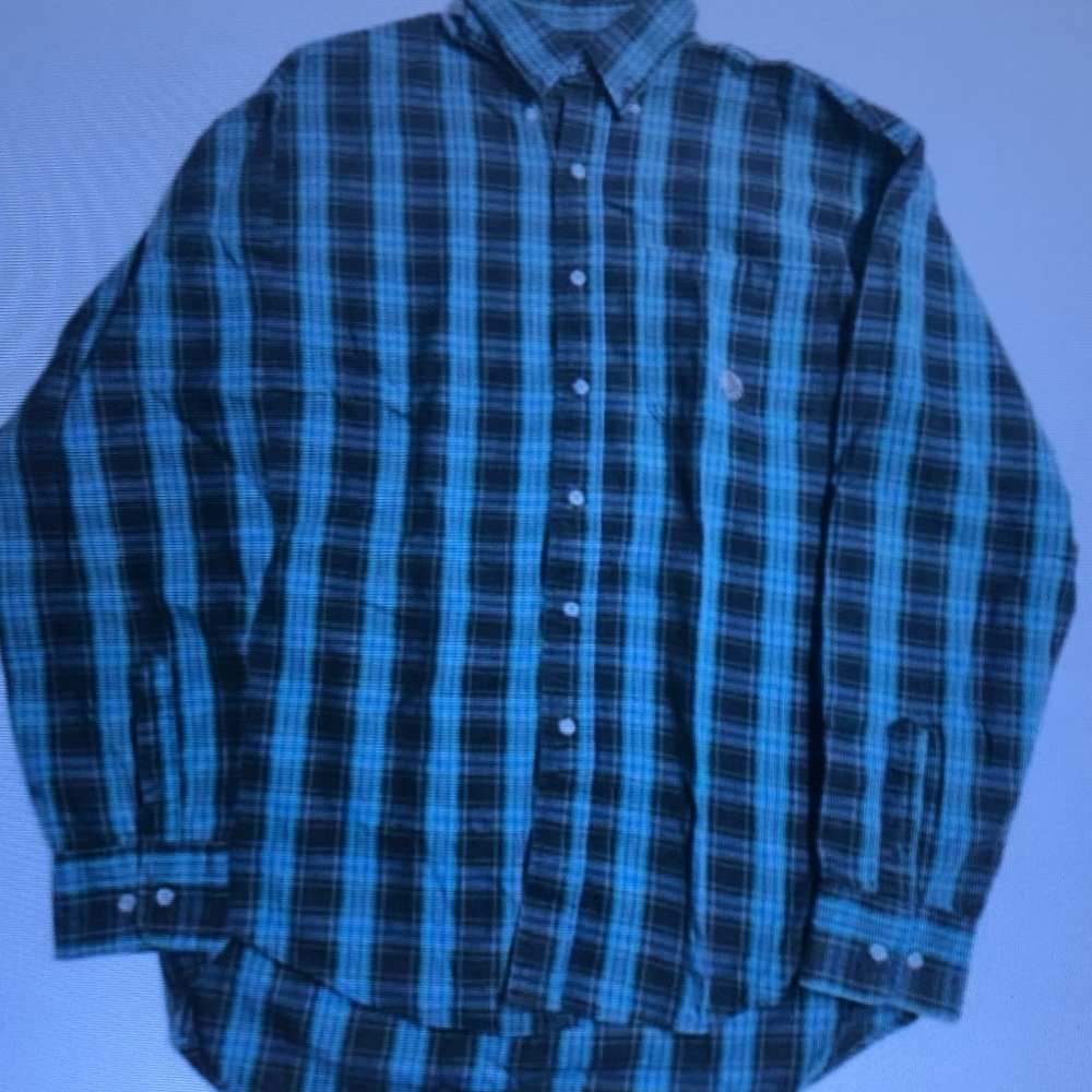 Men's Blue and Black Plaid Button-Up Shirt